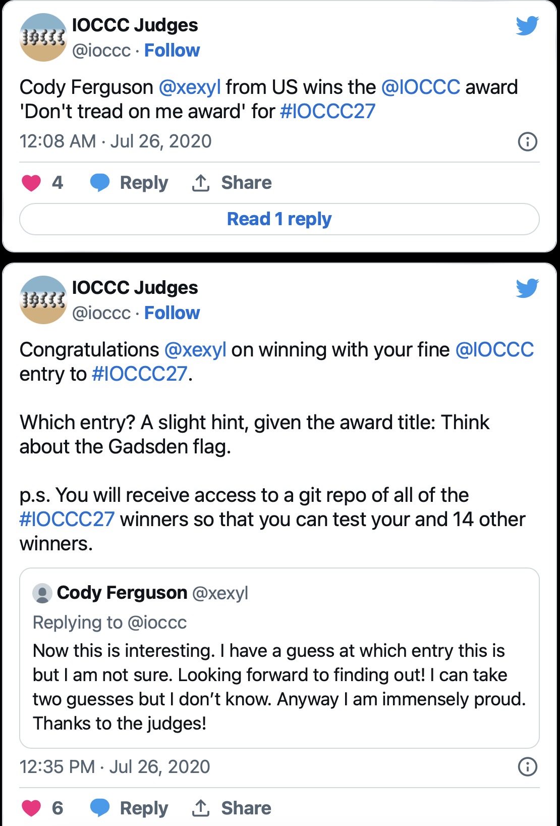 tweet announcing my Don't tread on me award winning IOCCC entry